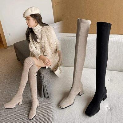 Сапоги 2025 новые сапоги женские весенне-осенние на среднем каблуке облегающие высокие сапоги толстый каблук сапоги до колена хаки большой размер