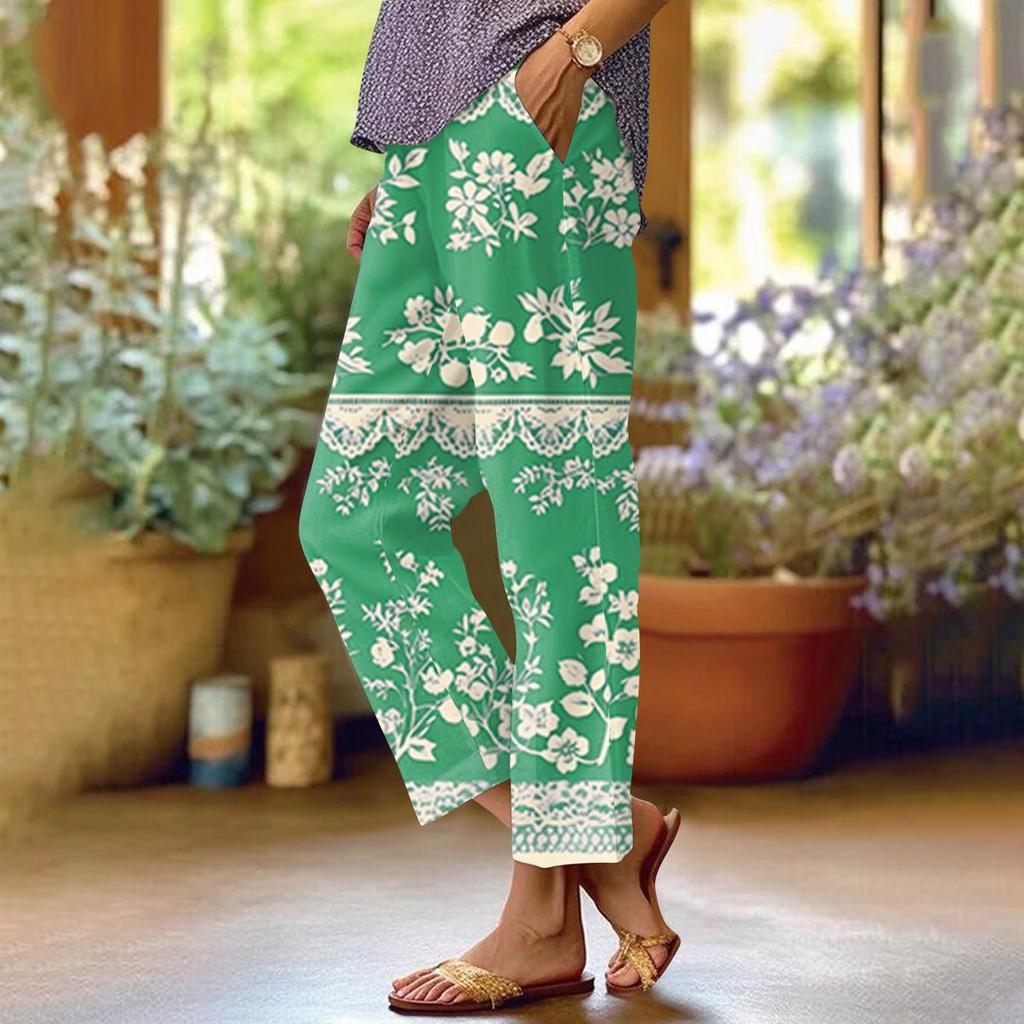 Женские модные повседневные брюки с цветочным принтом, прямые брюки с карманами и эластичной талией