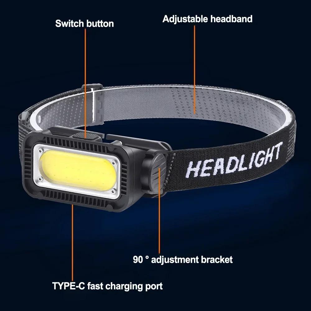 Mini COB Headlamp Type-C Charging Headlights Super Bright 300LM 18650 Head Torch Camping Emergency Portable Waterproof Lantern