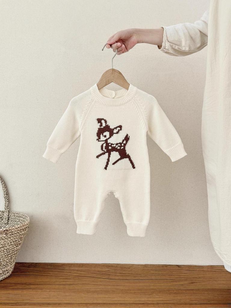 Best-Selling Knitted Plum Blossom & Deer Romper for Babies - Pure Cotton Spring & Autumn Suit for Boys and Girls (Full Moon, One Year Old)