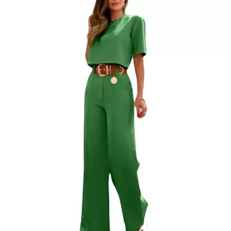 Европейский и американский женский однотонный комплект кэжуал: футболка с круглым вырезом и короткими рукавами и брюки широкого кроя