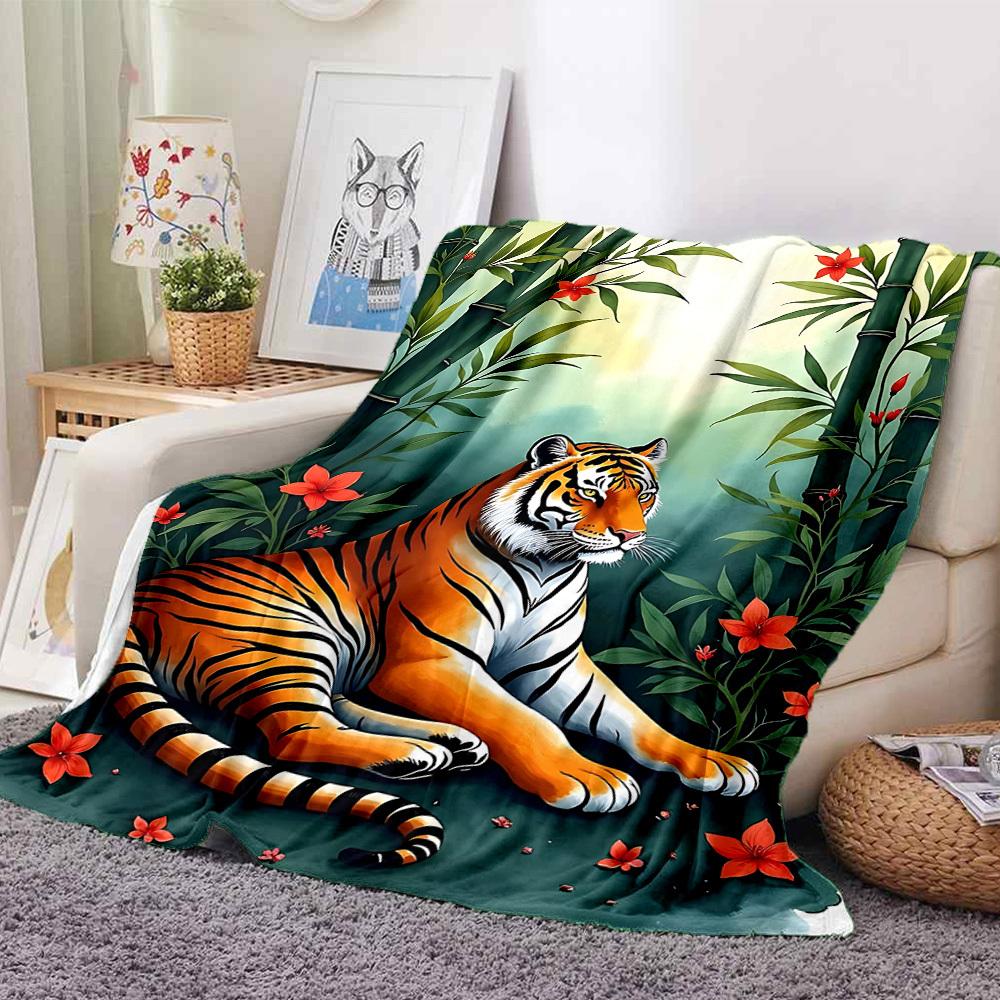 1pc Bamboo Forest Tiger Blanket - Lightweight Flannel Fleece with Digital Printing, Soft Warm for Sofa, Travel, Camping, Office yy251018316