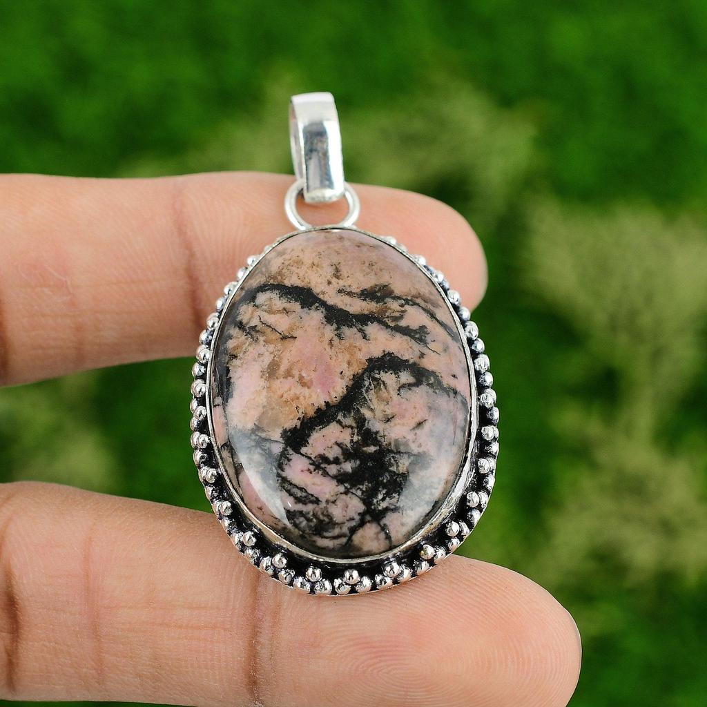Кулон с родонитом, достойное украшение, кулон из стерлингового серебра 925 пробы, кулон ручной работы, серебряное украшение для подарков