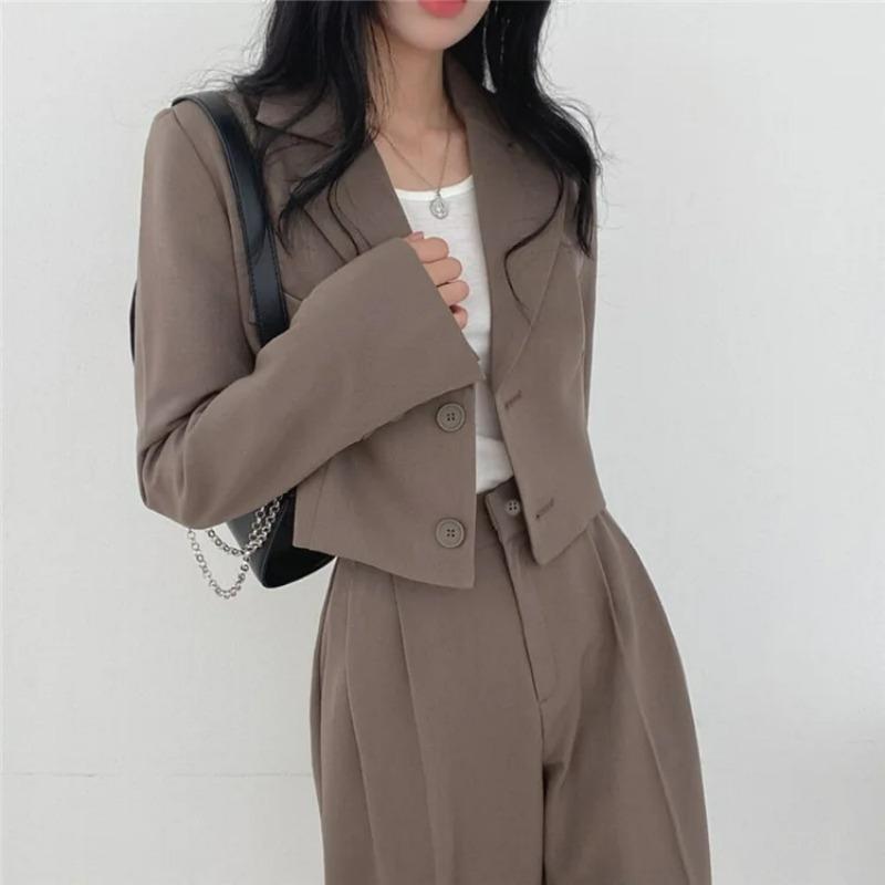 Ladies Short Suit Suit Casual Loose Jacket Coat High Waisted Wide Leg Pants Set