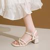 Temperamental Square Head Mid Thick Heel Sandals Womens Summer Narrow Band Rhinestone Ankle Buckle Strap Comfort Office Shoe