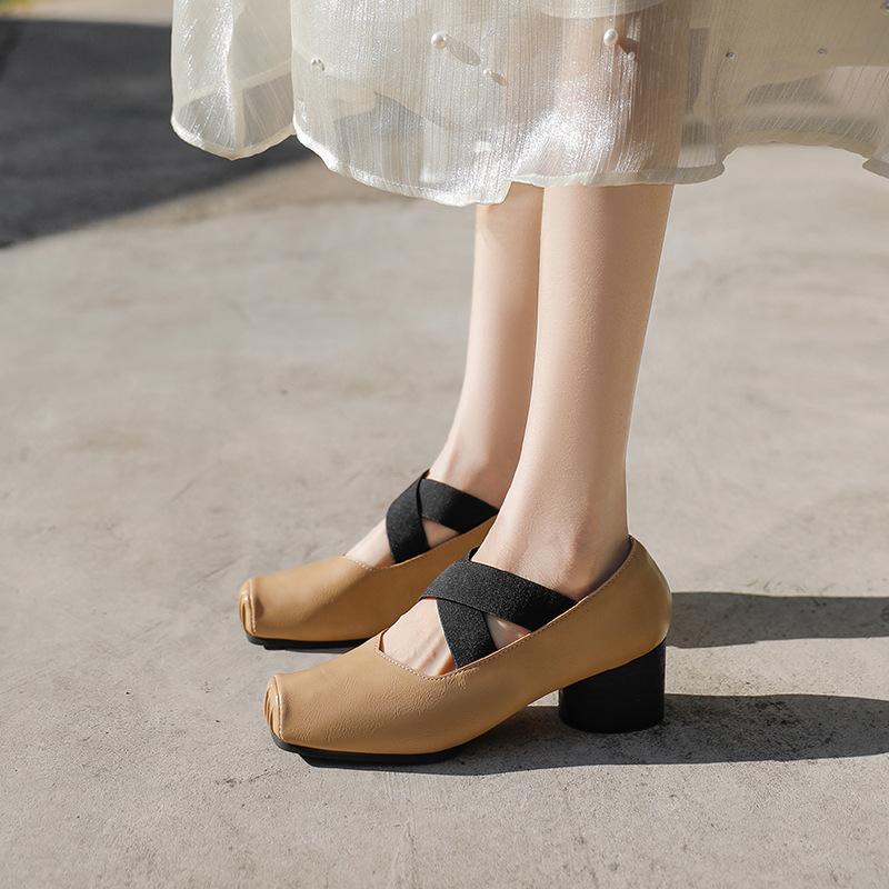 Genuine Leather Mary Jane Crossover with Square Toe Vintage Block Heel Ballet Shoes Single Shoes