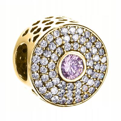 Gold Charm Pink Cubic Zirconia Bead with Cubic Zirconia Round Silver 925