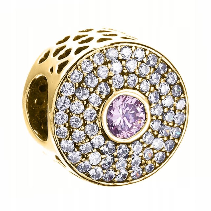 Gold Charm Pink Cubic Zirconia Bead with Cubic Zirconia Round Silver 925