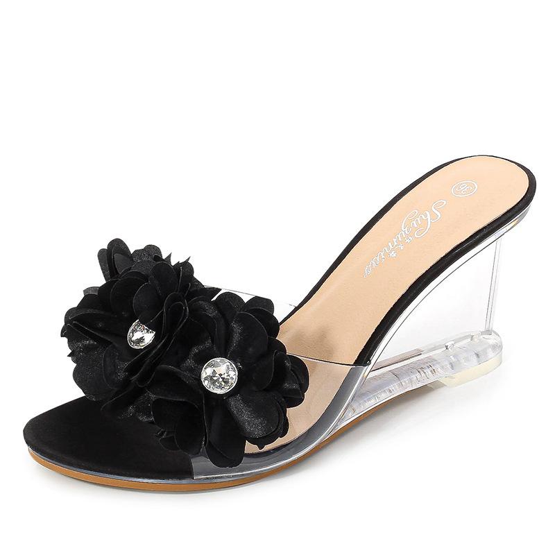 Summer Sexy Slippers Women Flower Simple Transparent Heel Crystal Shoes Versatile Pumps Party Nightclub PVC Sandals