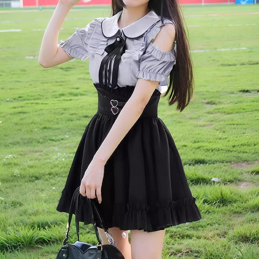 Petite Summer Two-Piece Set: Sweet Peter Pan Collar Off-Shoulder Blouse & High Waist Skirt.