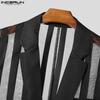INCERUN Men Lapel Neck Sleeveless One Button Striped Mesh Sheer See Through Waistcoats