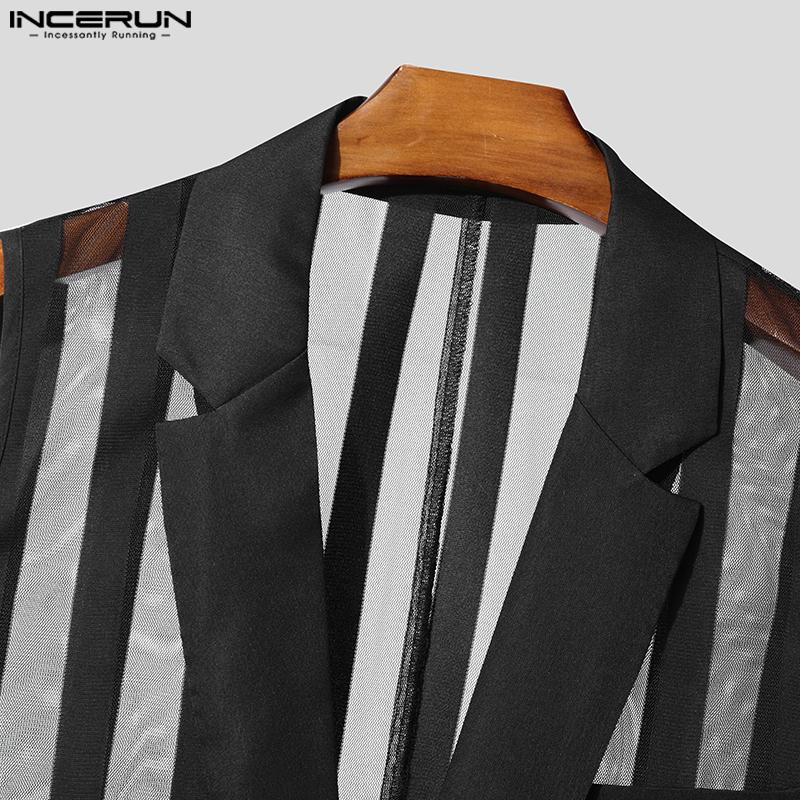 INCERUN Men Lapel Neck Sleeveless One Button Striped Mesh Sheer See Through Waistcoats