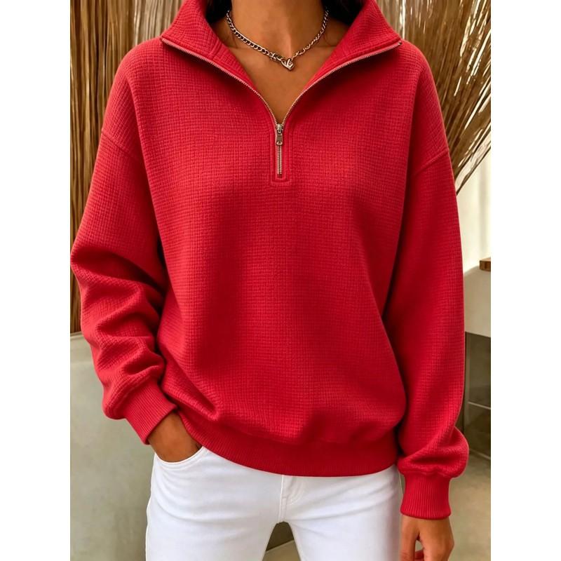 2026 Womens Waffle Knit Stand Collar Zip-Up Long Sleeve Pullover Hoodie Solid Color Casual Top