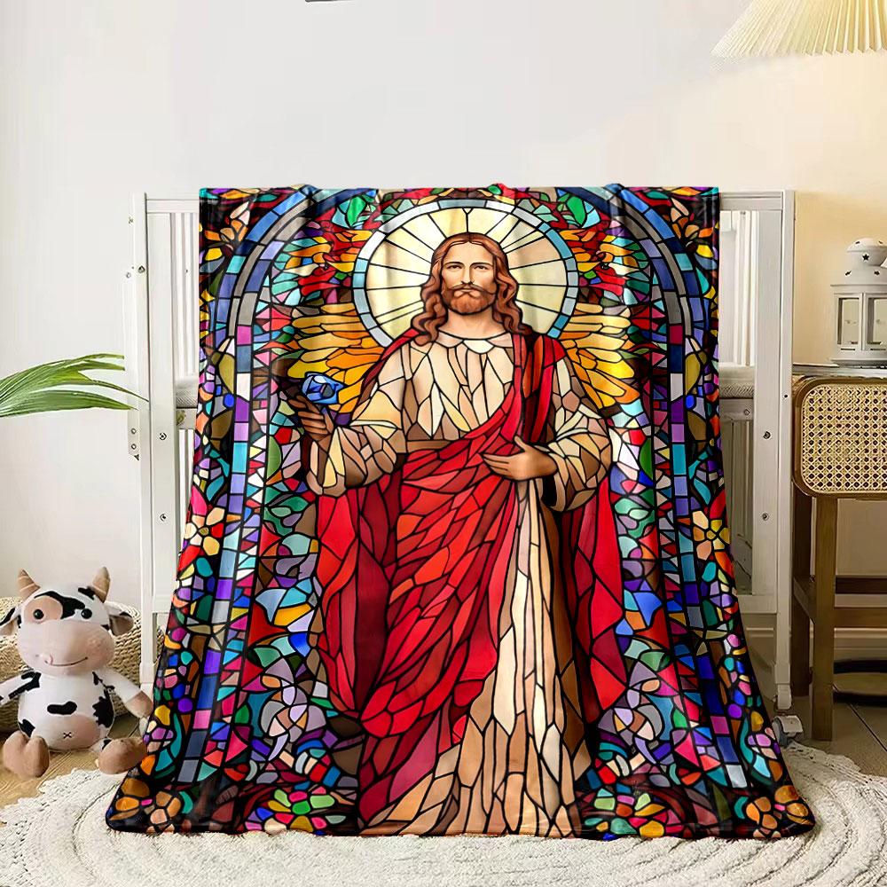 Jesus Stained Glass Pattern Blanket bedroom Blanket for Livingroom Couch lunch break Soft throw for Friend's festival Gift