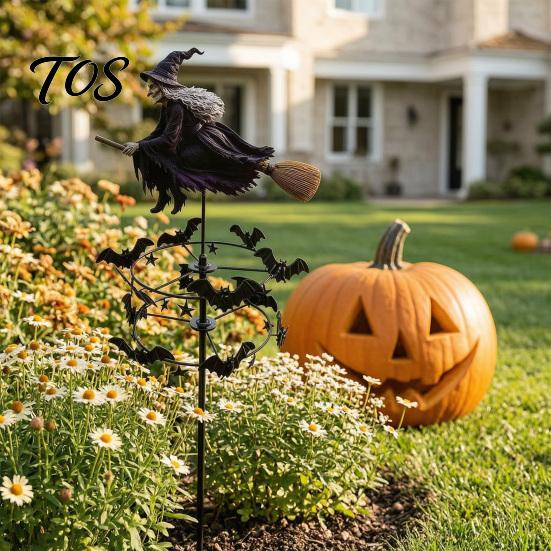 Spooky Patio Ornament Garden Witch Wind Spinner, Halloween Yard Art Metal Outdoor Fall Decorations Stake, Flying Spinner for Lawn Pathway Decoration