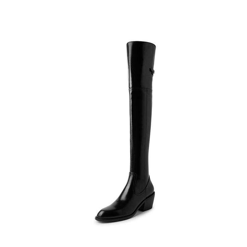 2025 New Sexy Skinny Legs Premium Cowhide Over Knee Boots Long Boots Pointed Middle Heel Side Zipper Full Leather Women's Boots