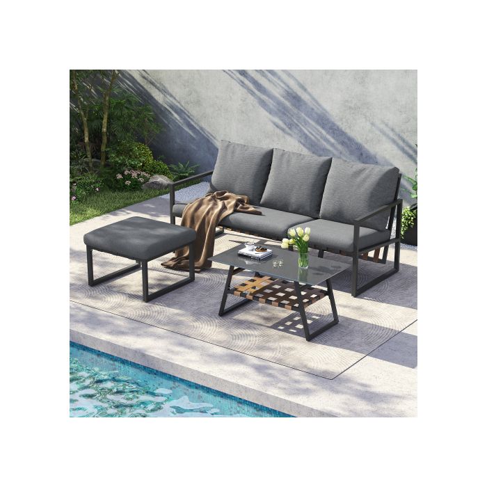 Ensemble de meubles de jardin, chaise longue d'angle, canapé + table basse + pouf, tube d'acier galvanisé, gris