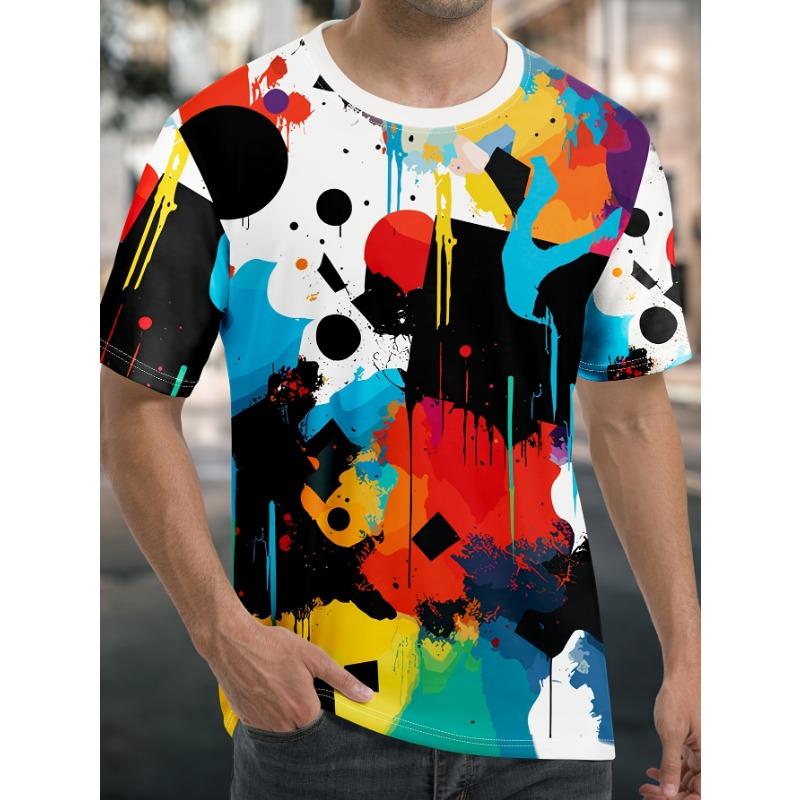 Men's Colorful Abstract Graffiti 3D Printed T-Shirt Casual Short Sleeve Crewneck Top Cool Paint Splatter Geometric Graphic Summer Streetwear Tees