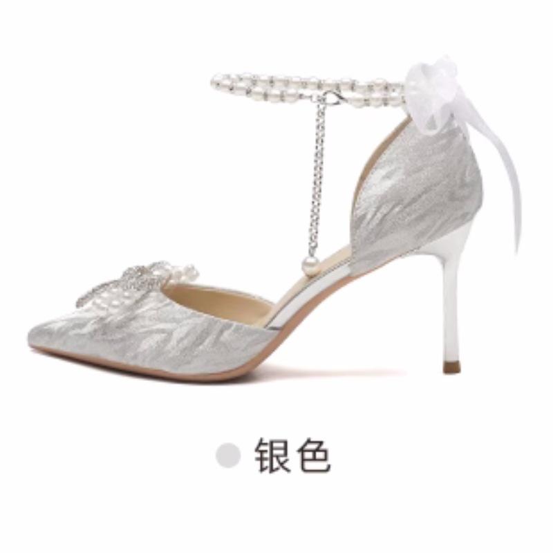 Серебристые туфли на высоком каблуке женские летние 2024 новые туфли с жемчужным бантом из одного слова с острым носком на каблуке женские босоножки