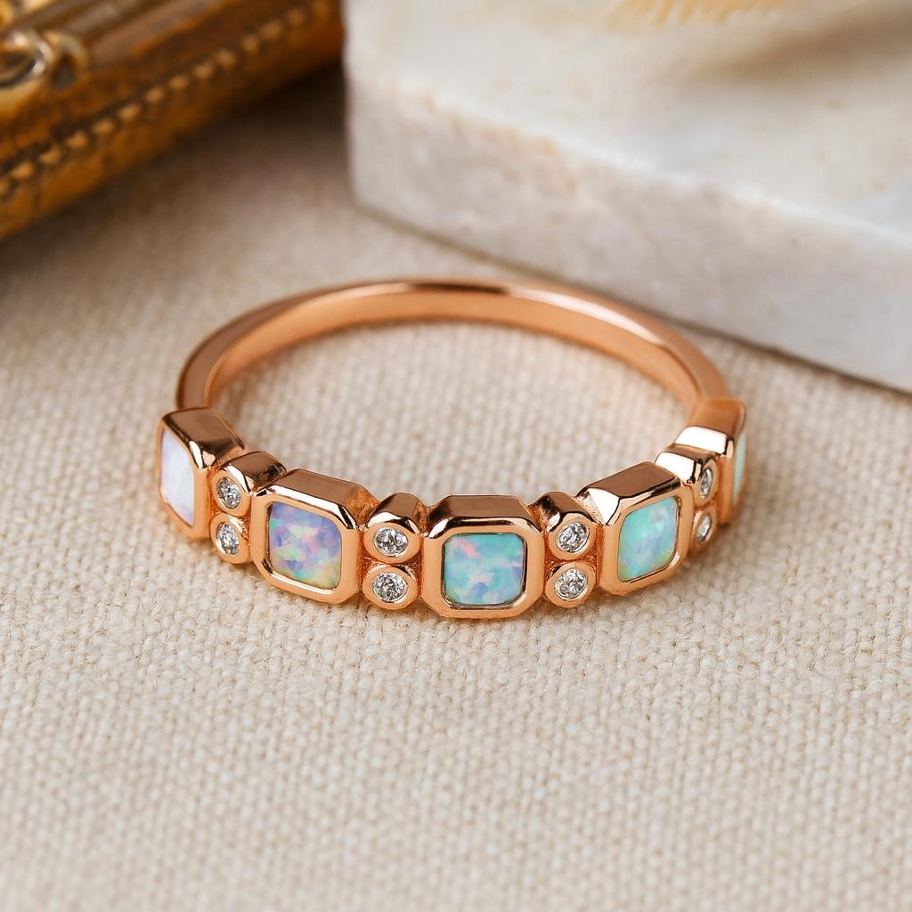 Wedding Engagement Anniversary Promise Gift – Rose Gold Plated Opal Band, Hexagon Cut Opal & Diamond Accent Ring, Dainty Bridal Jewellery for Women