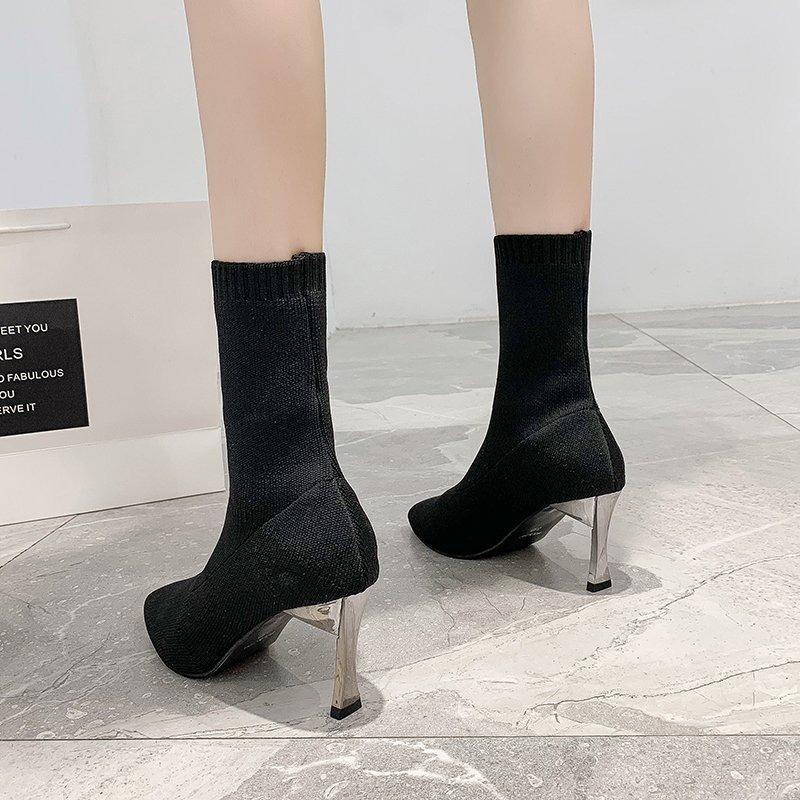 2024 Socks Ankle Boots Women's High Quality Solid Color Knitted Boots Stretch Socks Mid Calf Party High Heels Sexy Ankle Women's