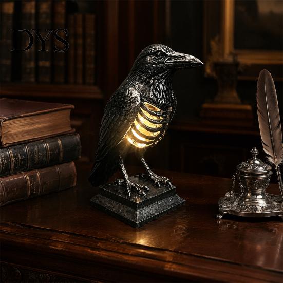 Dark Punk Room Decor Gothic Halloween Table Lamp, Spooky Raven Bat Skeleton Vintage Unique Gifts for Goth Lovers Resin LED Night Light Party, Tabletop