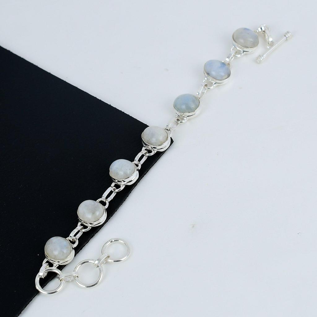 Браслет ручной работы из серебра 925 пробы с радужным лунным камнем, браслет из радужного лунного камня для жены, браслет унисекс на день рождения, подарок жене Flow