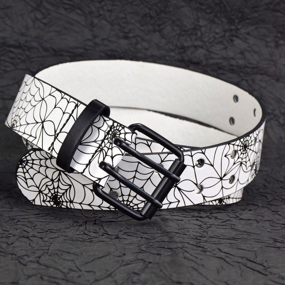 Rhinestone Skull Print Belt Pu Leather Halloween Skeleton Waistband Belt Accessories