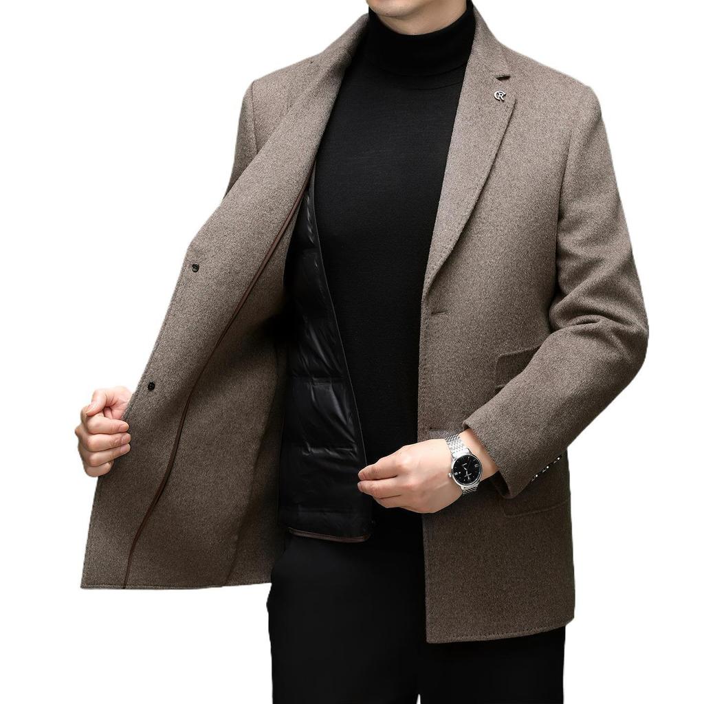 Мужское пальто средней длины премиум-класса из кашемира со съемной пуховой подкладкой и воротником-стойкой для осени/зимы.