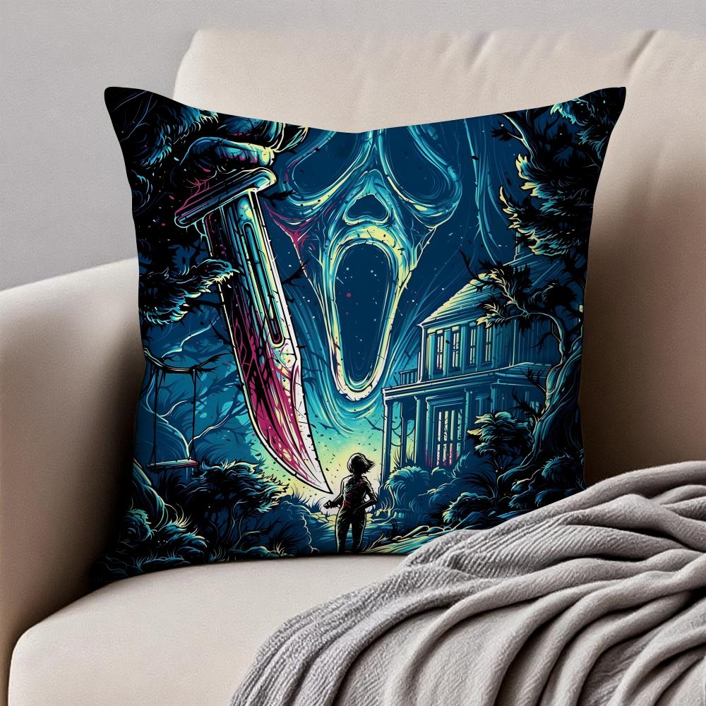 Dark style artistic illustration HHalloween Cushion Cover Pillowcase Antidustmite Invisible Zipper Short Plush Sofa Cushion