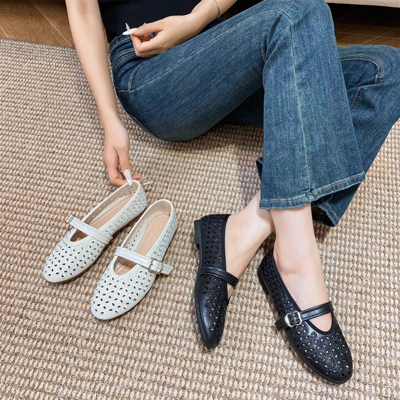 2025 Embroidery Hollow Out Women Ballet Flats Comfortable Soft Soles Mary Janes Lazy Walking Loafers Casual Girls Shoes