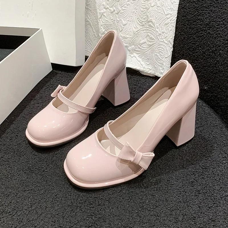 Fashion Elegant Heel Shoes Ladies 8cm High Heel Bowknot Solid Mary Jane Zapatos Adult Dress Pink White Black Cosplay Footwear 2025