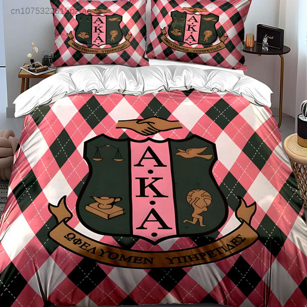 "AKA Sorority Pink Green Argyle Crest 3PC " Multiple Sizes kid's And adults' Bedroom Exquisite 3PC Bedding set, Gift