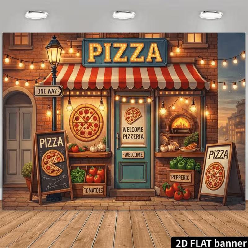2D Vintage Pizza Shop Backdrop Pizzeria Street View Photography Background Banner