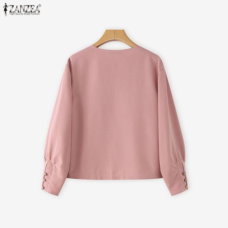 ZANZEA Женская повседневная блузка с круглым вырезом, однотонная, с длинным рукавом, свободного кроя