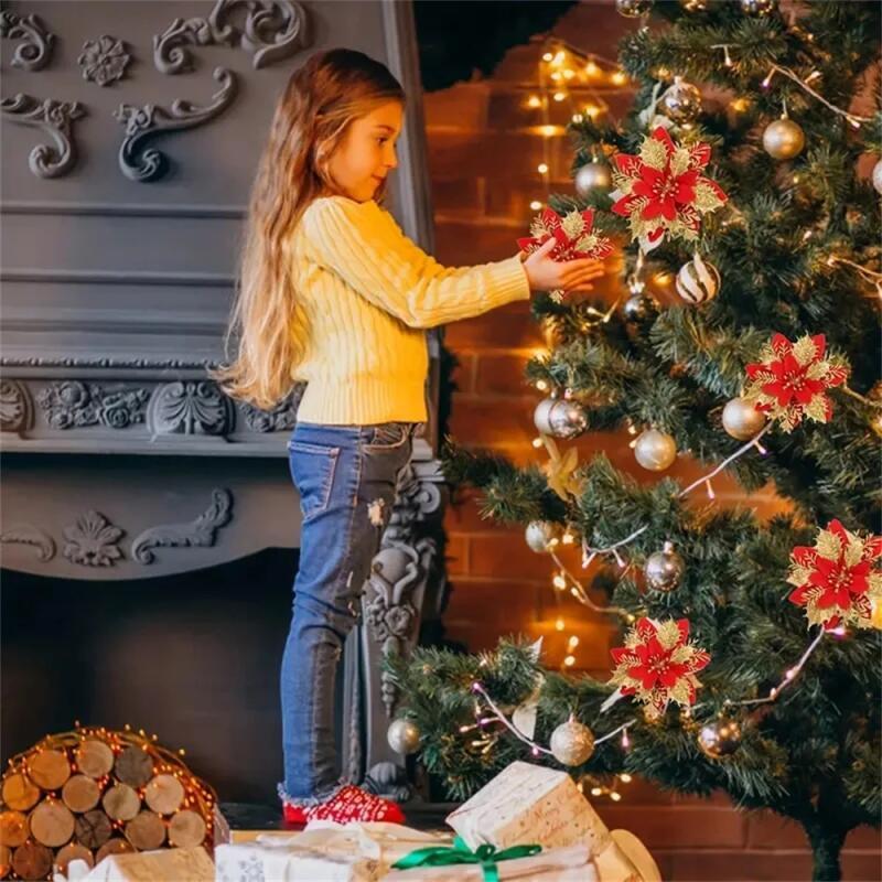 5/10/20 шт. Рождественские цветочные украшения, розовые, красные, золотые, блестящие искусственные цветы для рождественской елки, рождественское украшение для дома