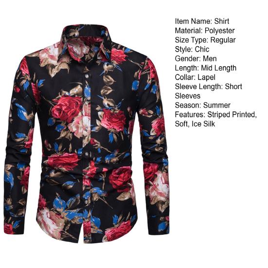 Men Spring Summer Shirt Turn-down Collar Single-breasted Slim Fit Long Sleeve Buttons Soft Breathable Vivid Flower Print Mid Length Men Top