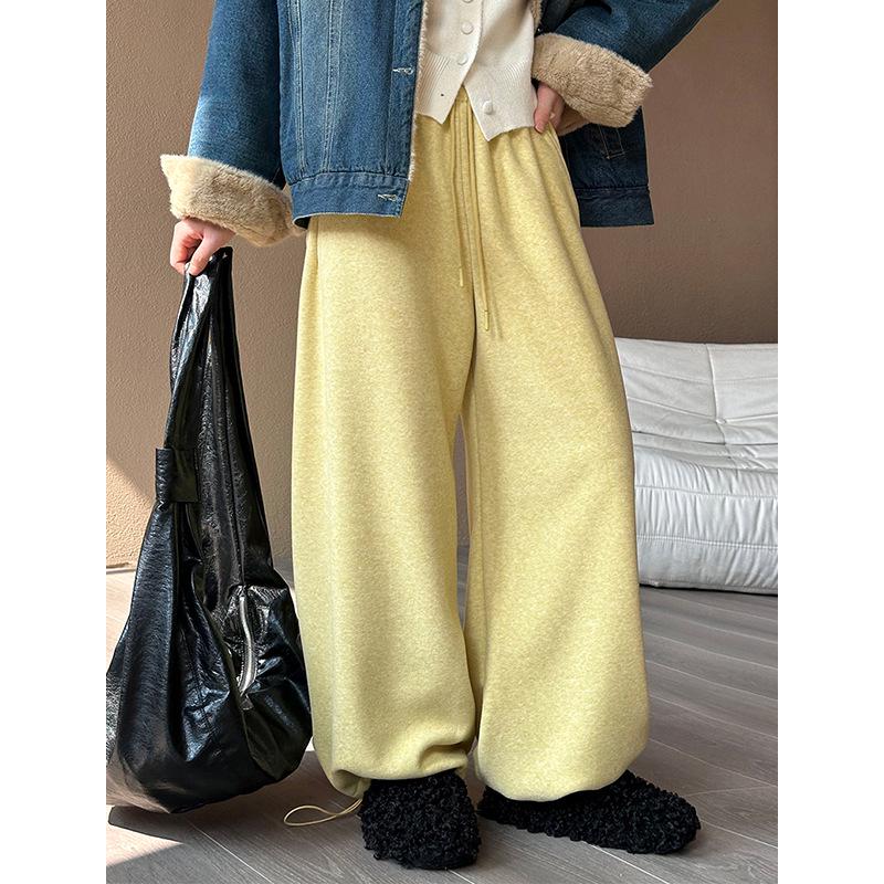 Juzhi 2024 Autumn/Winter Korean High-Waist Slim Casual Retro Plus Velvet Wide-Leg Pants