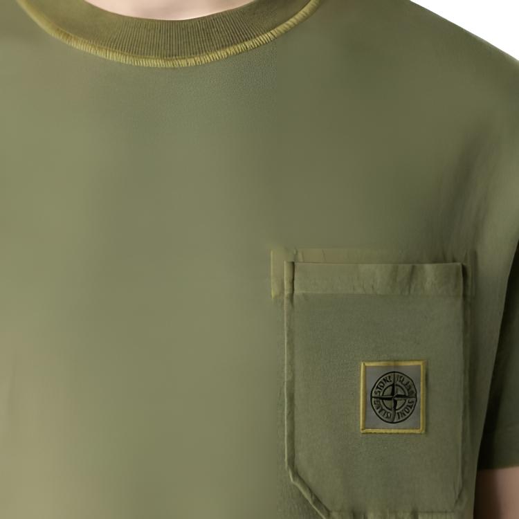 STONE ISLAND Ss26 Fissato Окрашенная в готовом виде Футболка с карманом и логотипом с коротким рукавом Мужская футболка Стирка-Зеленый L1S152100032S0057-V015G