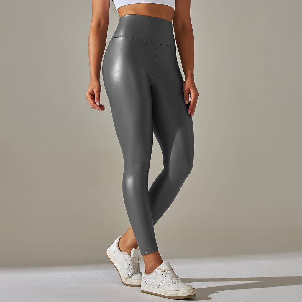 Stretch PU Leather Pants Women Color High Waist Tight Hips Wearing Yoga Leggings