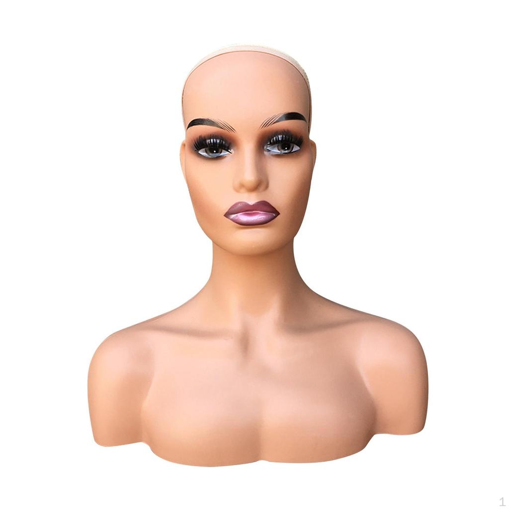 Female Bald Mannequin Head Manikin Wig Display Model with Shoulder for Glasses Earrings