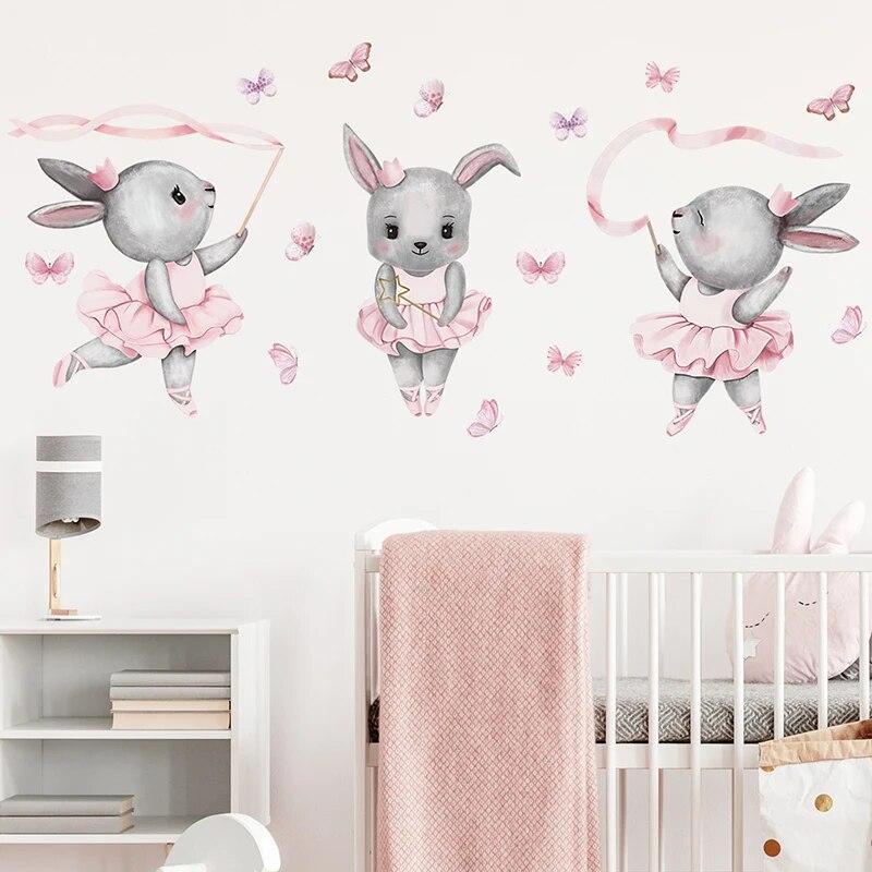 Cartoon Three Gray Rabbits Dancing Ballet Butterfly Wall Stickers for Kids Room Bedroom Nursery Home Decoration Wall Decal