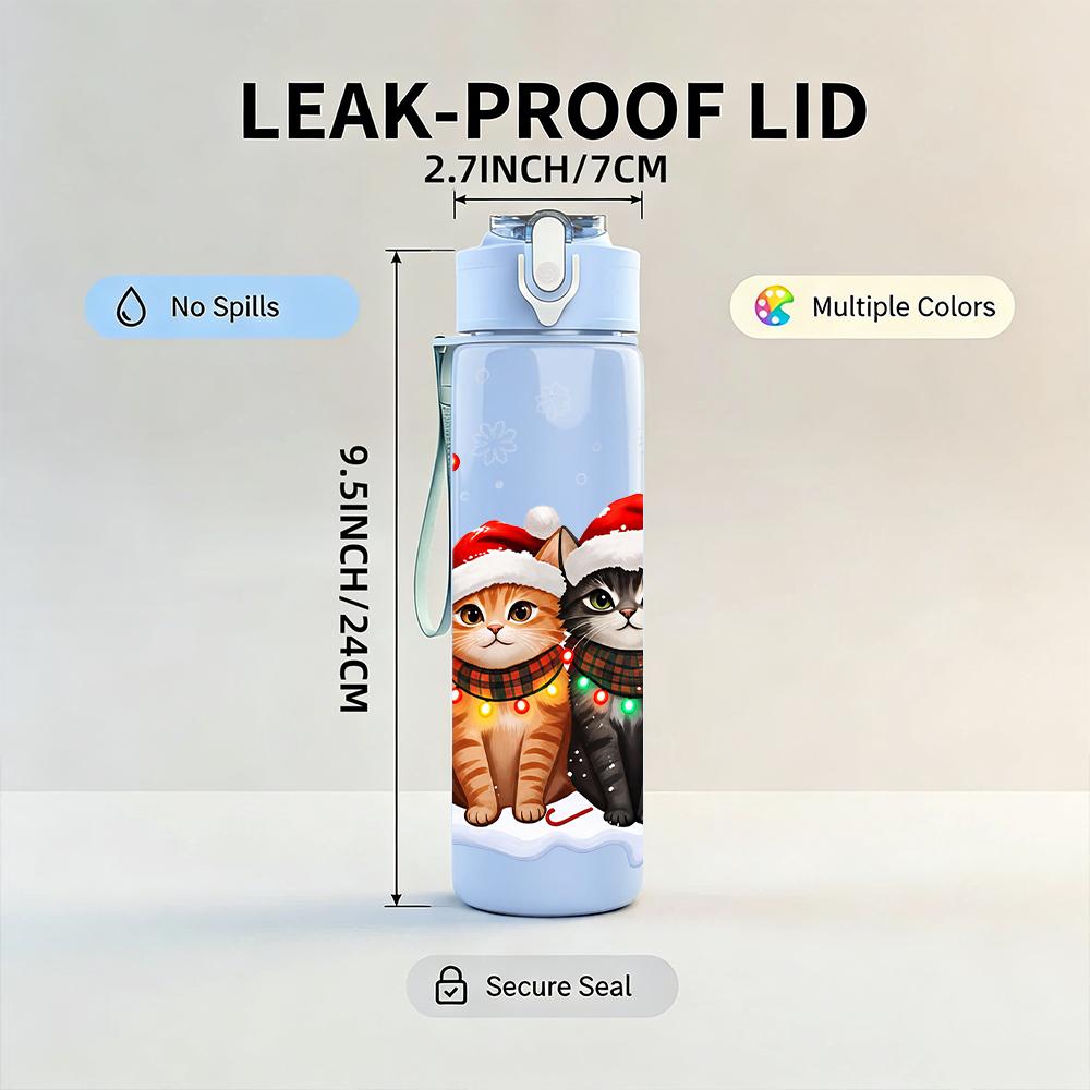 1PC Santa Hat Three Cats Christmas 750ml Color Plastic Sports Water Bottle Leakproof Flip Straw Lid Suitable for Sports Office Home Use