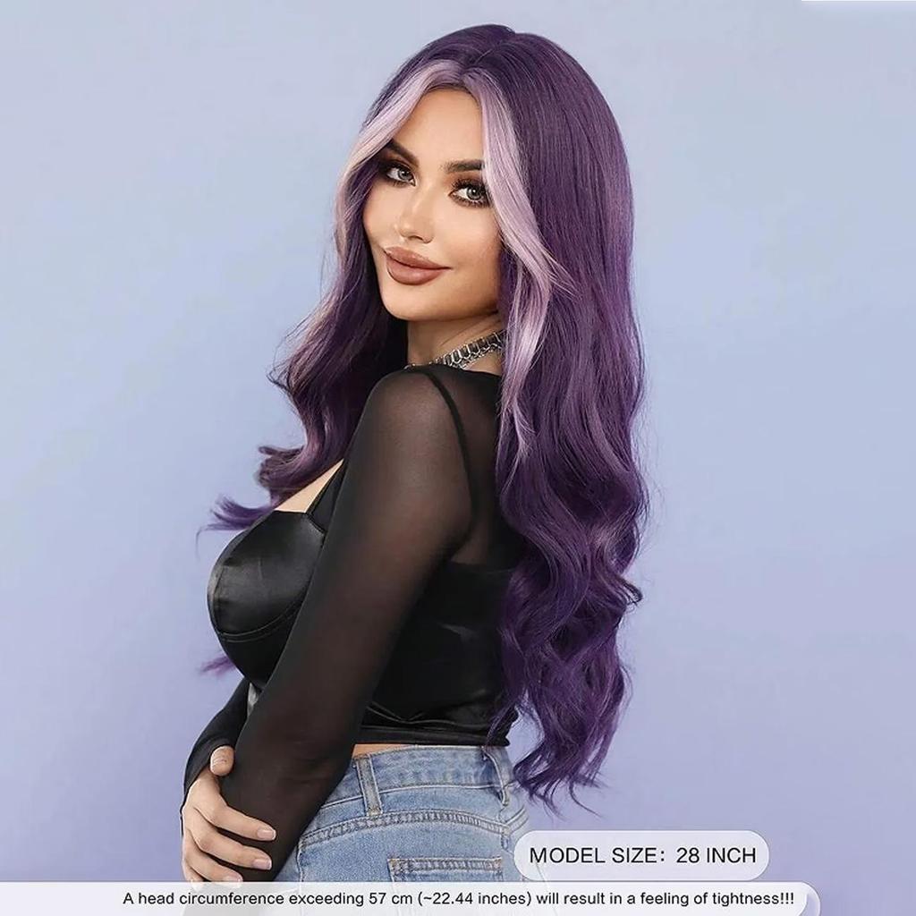 28 Inch Long Wave Synthetic Hair Purple Middle Part Wigs for Women Cosplay Daily Use