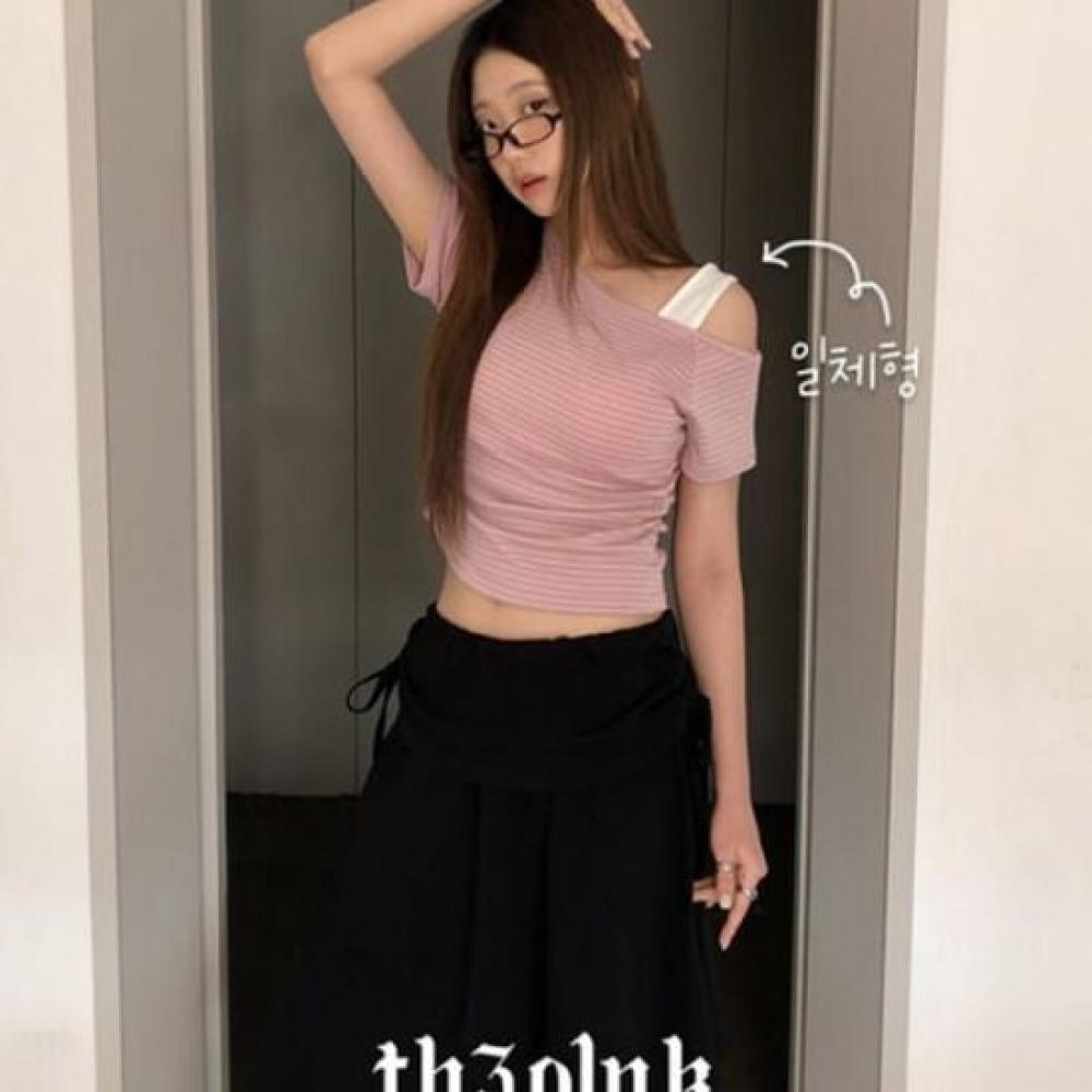 The Pink Slim FiT STripe Side Shirring One Shoulder STrap T shirT