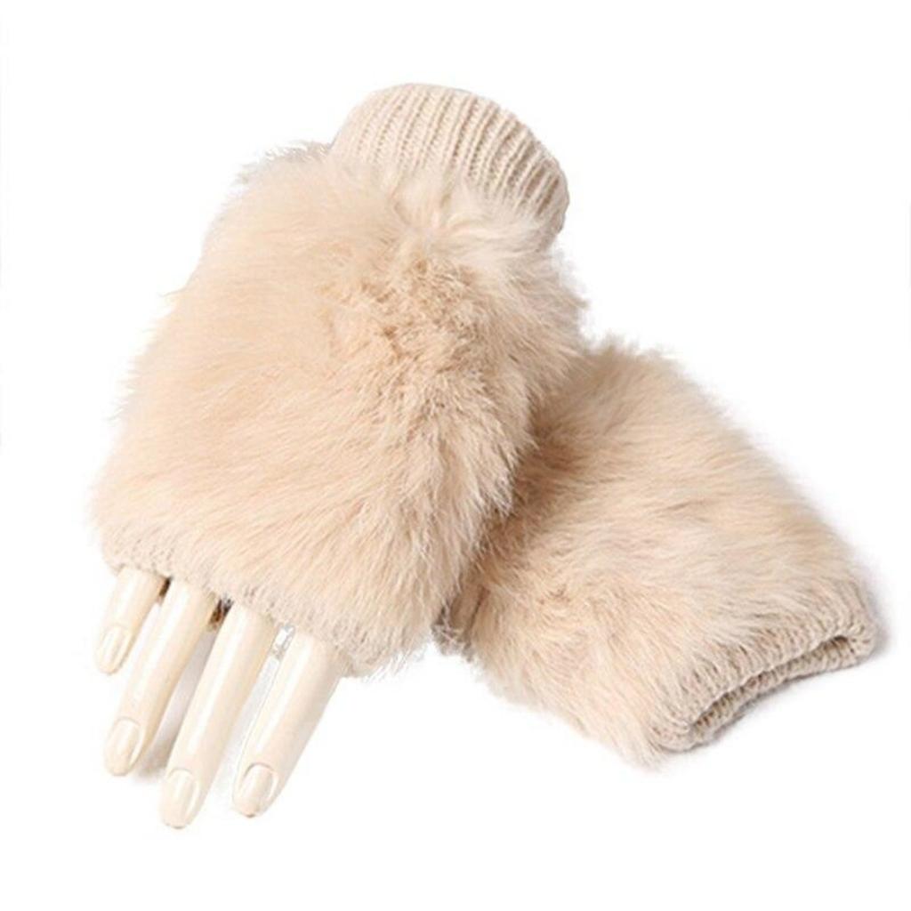 Winter Women's Warm Fluff Knitted Gloves Soft Half Finger Gloves Rabbit Fur Mittens