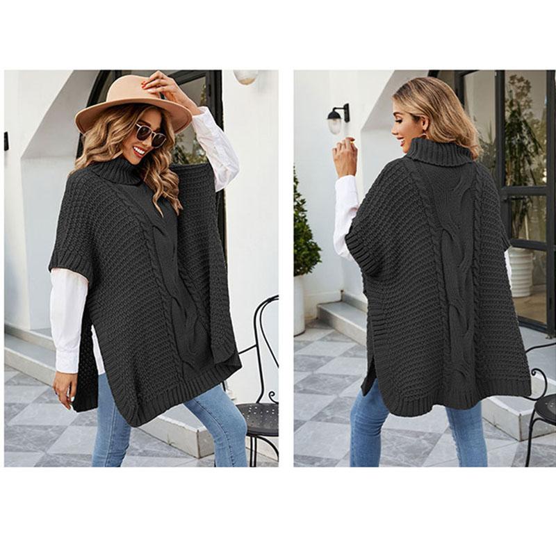 High Neck Knitted Shawl Crochet Fried Dough Twists Pattern Women's Loose Pullover Half Sleeved Sweater Casual Thick Warm Knitwear Autumn and Winter