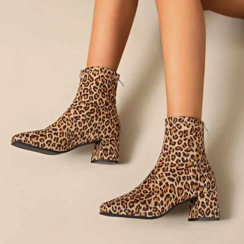 2024 New Women's Shoes Back Zipper Women's Boots Fashion Leopard Print Modern Boots Women Hot Sale Plus Size Ankle Boots Zapatos