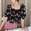 Broken Blouse French Style Puff Sleeve Summer New Sweet Slash Neck Stylish Shirring Slim Vintage Shirts
