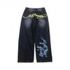 ZYLLO European and American Retro High Street Hip-hop Oldschool Skull Embroidery Loose Casual Stylish Jeans Trousers